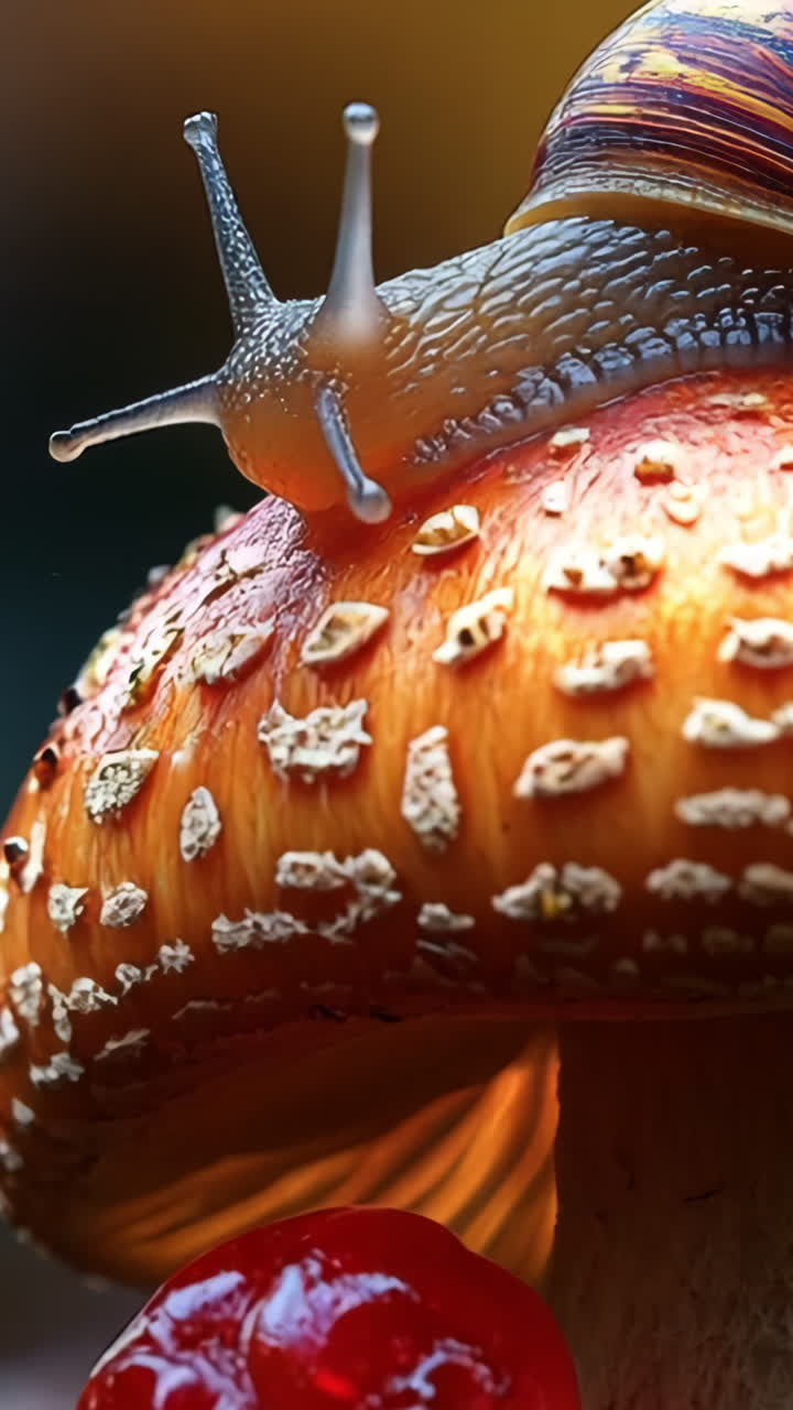 A mushroom with a snail on top of it. The mushroom is orange and the snail is brown