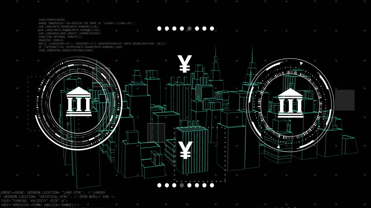검은색 배경에 디지털 시티를 통해 데이터 처리를 하는 통화 기호의 애니메이션