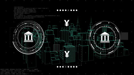 Animación-De-Símbolos-De-Moneda-Con-Procesamiento-De-Datos-Sobre-Ciudad-Digital-Sobre-Fondo-Negro