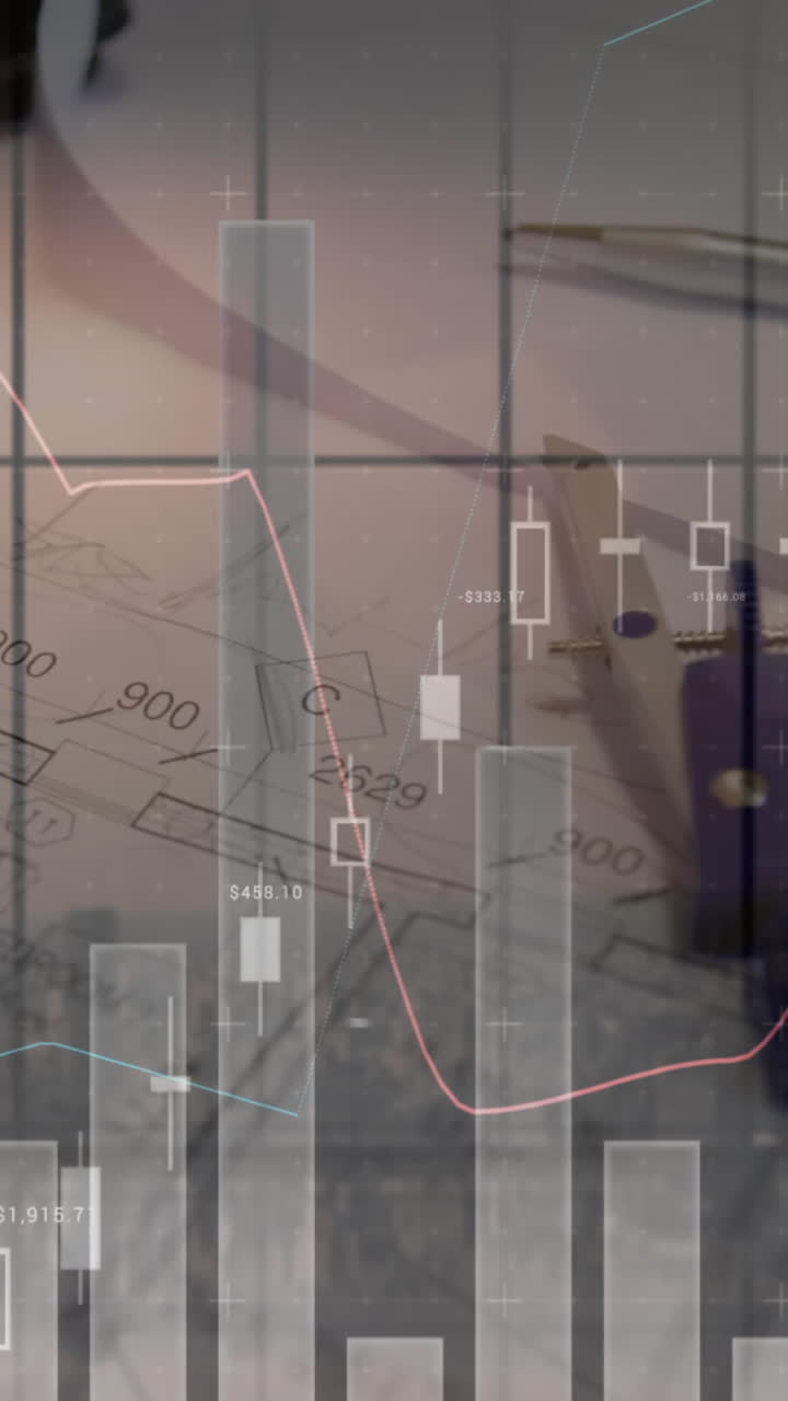 animación de estadísticas y procesamiento de datos financieros sobre planes de arquitectos y brújula