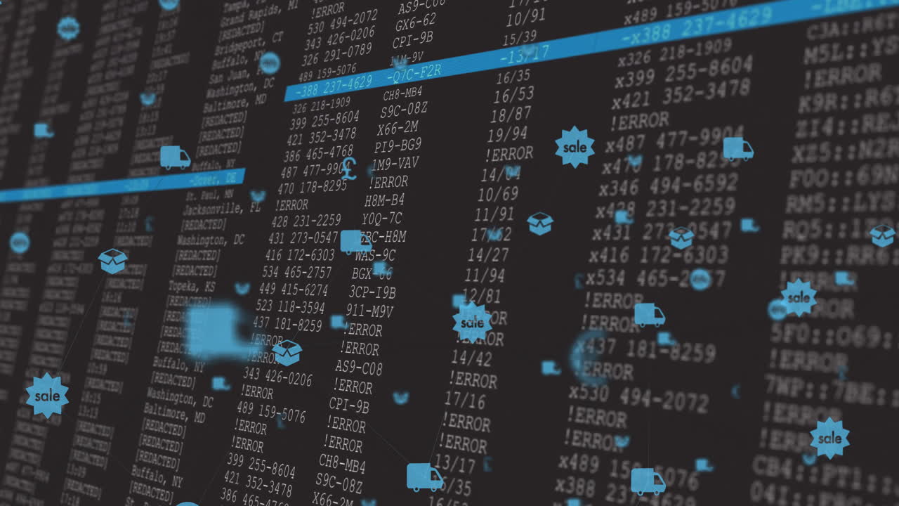 Animation with blue sale icons and error messages in digital data stream