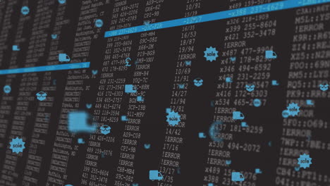 Animation with blue sale icons and error messages in digital data stream