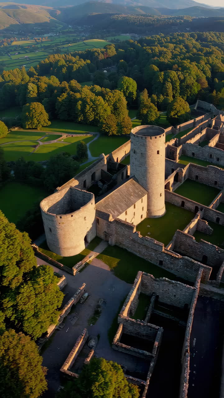 Aerial View of Expansive Castle Ruins in a Lush Green Landscape during Golden Hour