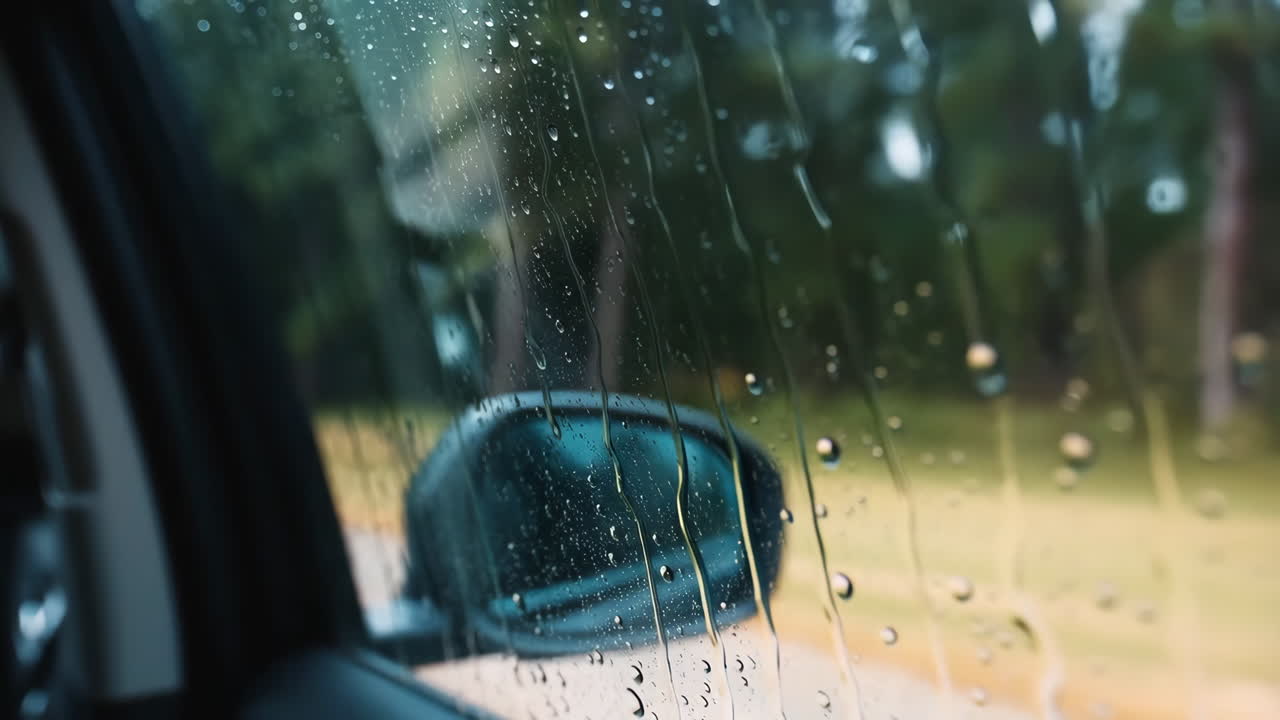 Raindrops on a Car Window with a View of the Side Mirror
