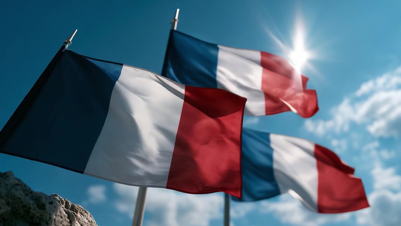 En betagende udstilling af franske flag, der vajer yndefuldt mod en klar himmel, hvilket indfanger essensen af national stolthed og symbolik i bevægelse