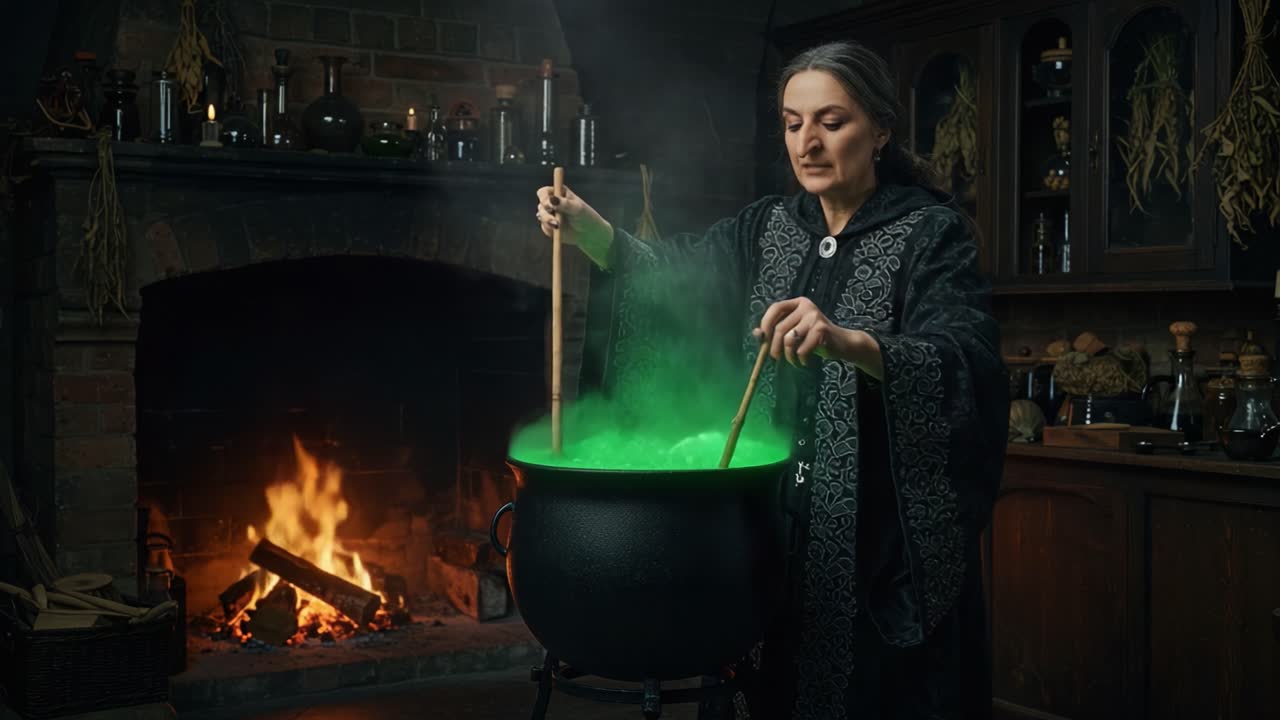 A Mysterious Sorceress Stirs Her Enchanted Cauldron, Enveloping the Room in a Mesmerizing Green Glow While Shadows Dance in the Warm Firelight