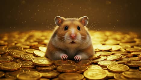 a charming little hamster joyfully plays amidst a colorful array of shiny coins in an enchanting, whimsical environment