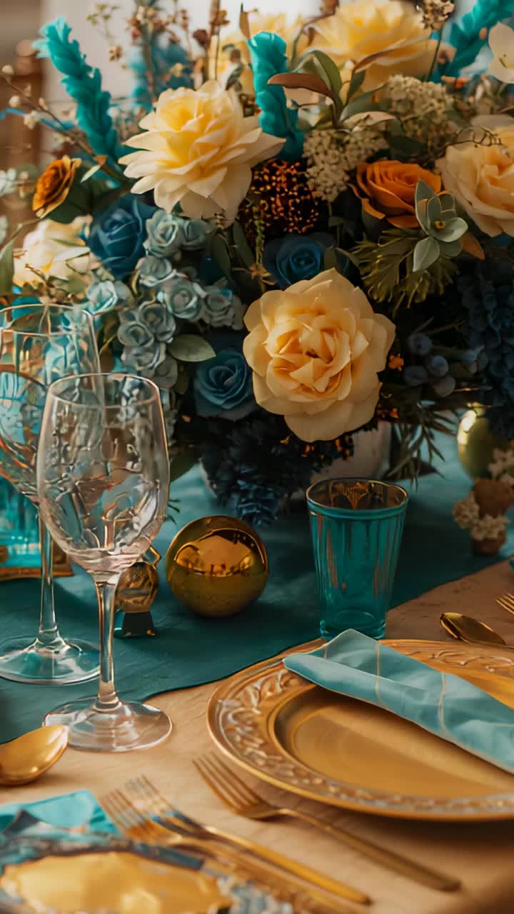 Vertical video: Zooming camera on bouquet over frames, revealing petal detail at table wine glass