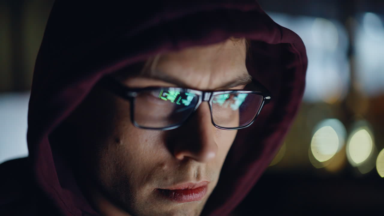 IT programer checking computer code eyeglasses reflection closeup. Late engineer