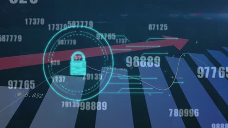 Animation-of-digital-padlock,-numbers-,-arrow-and-graph-on-navy-background