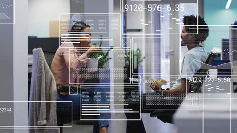 Animation-of-graphs,-changing-numbers,-loading-circles,-diverse-coworkers-discussing-in-lunch-break