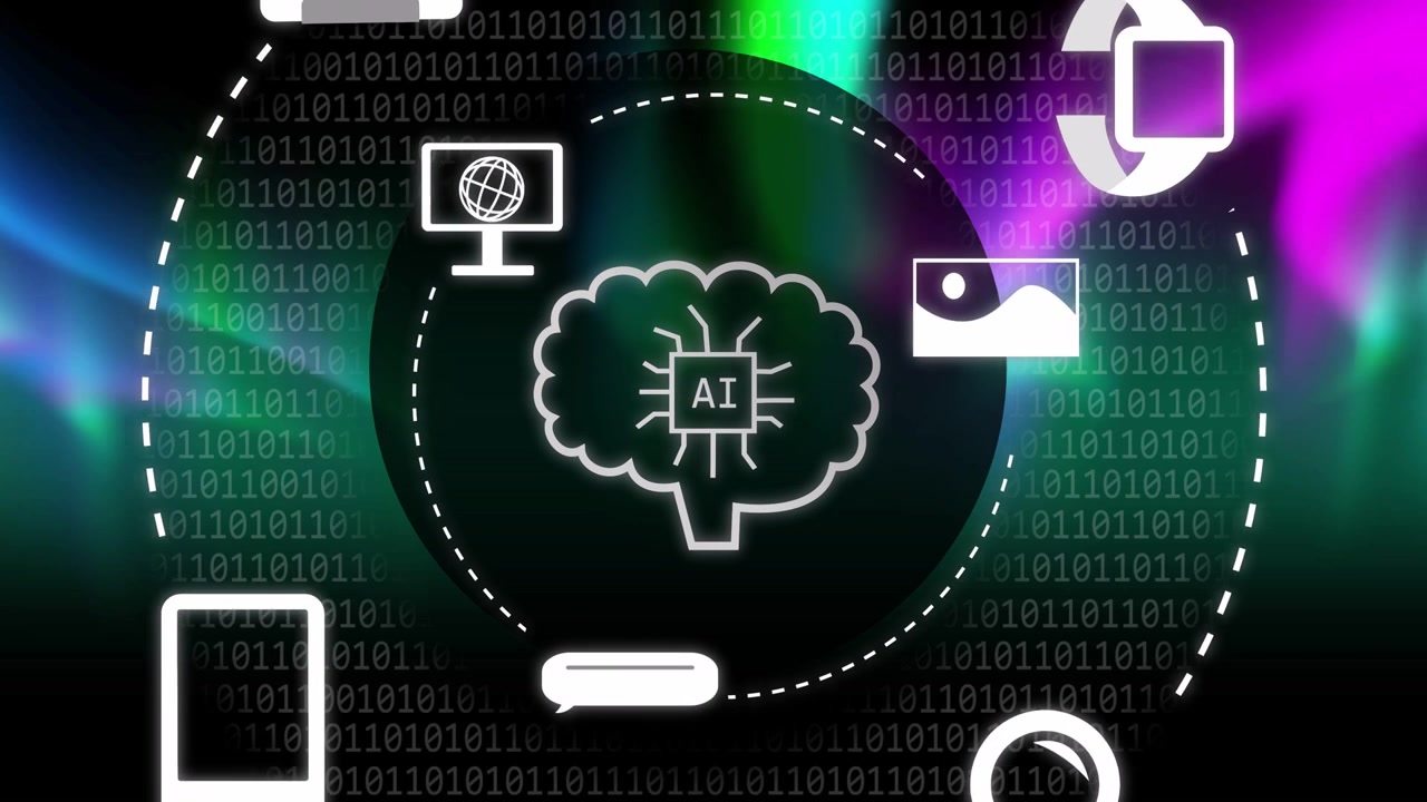Stroke initiating brain outline, brain forming with AI chip, icons orbiting visualizing data links