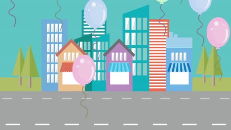 digital animation of multiple colorful balloons floating over cityscape in background