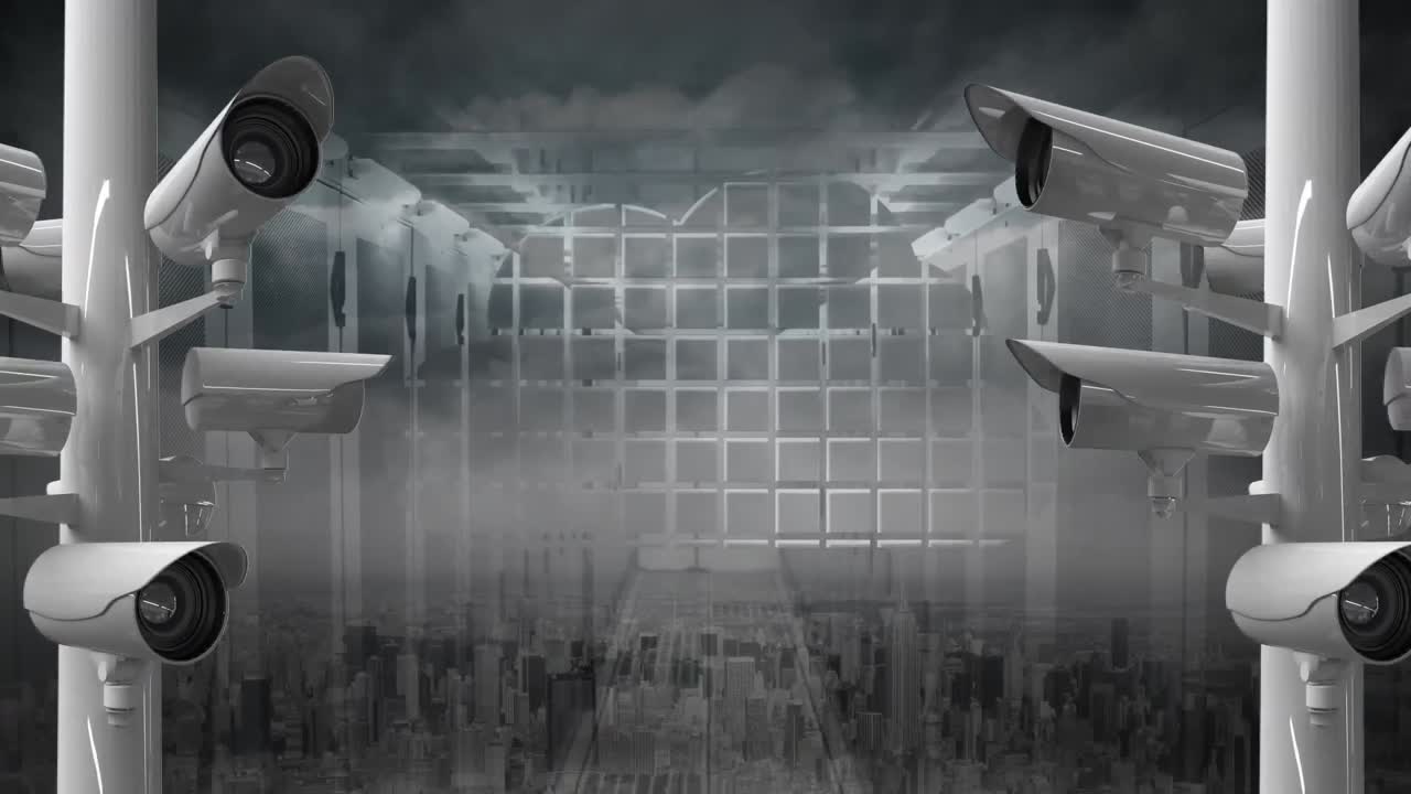 Animazione di telecamere che registrano e un paesaggio urbano sullo sfondo