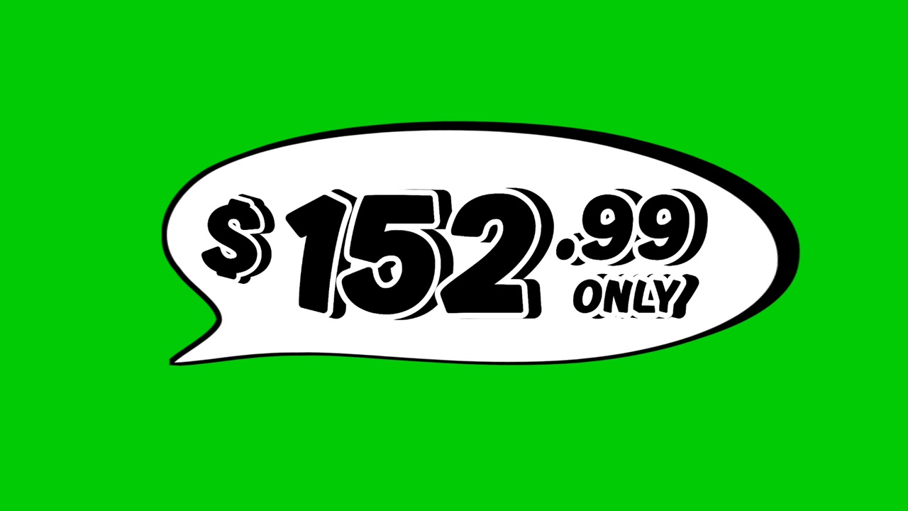 Grafica in movimento con animazione di un fumetto con etichetta del prezzo di 152,99 dollari su sfondo verde. Perfetto per pubblicità, e-commerce, vendita al dettaglio, sconti e video di concetto aziendale promozionale