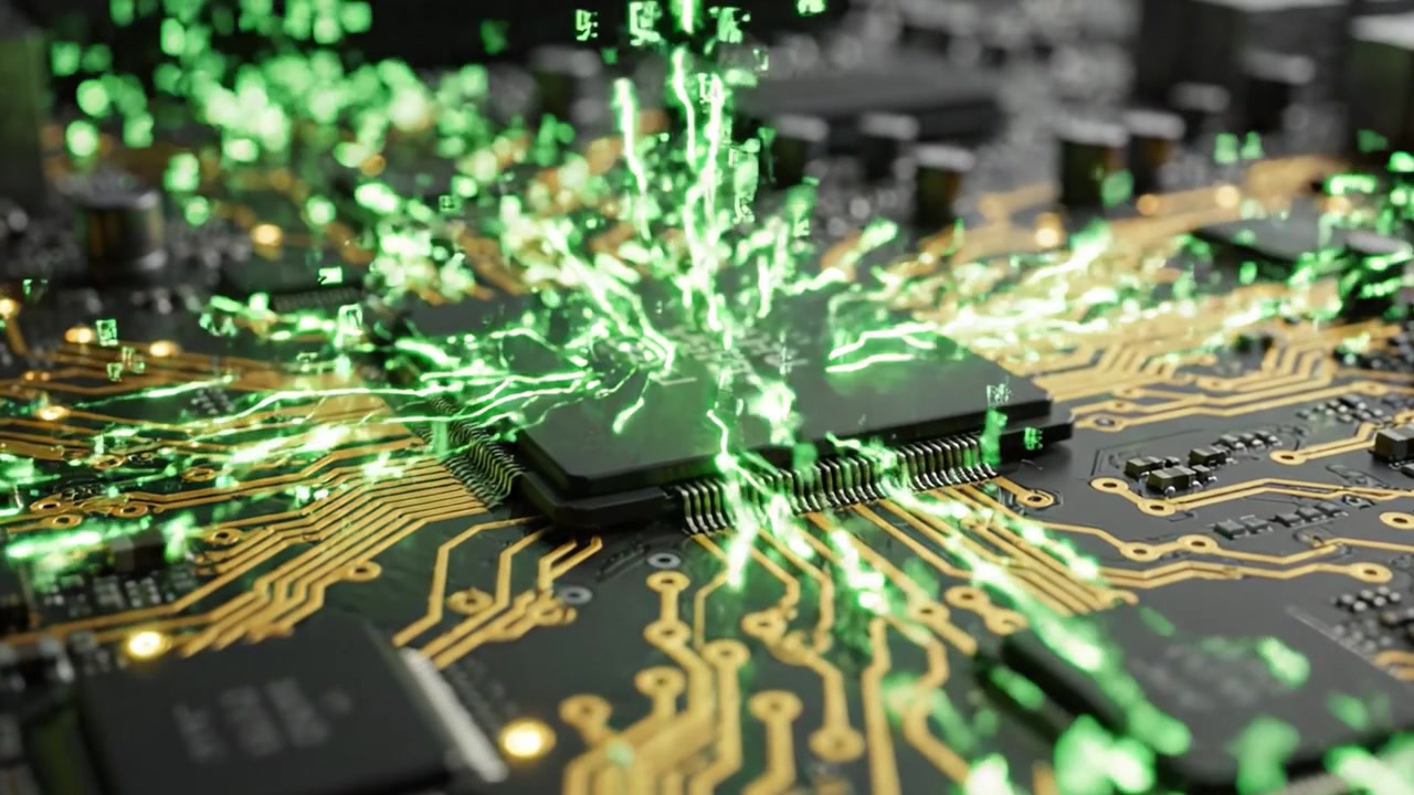 A Fascinating Journey Through the Heart of Technology: From Circuit Board to Electrifying Data Pulses Captured in Two Stunning Video Frames