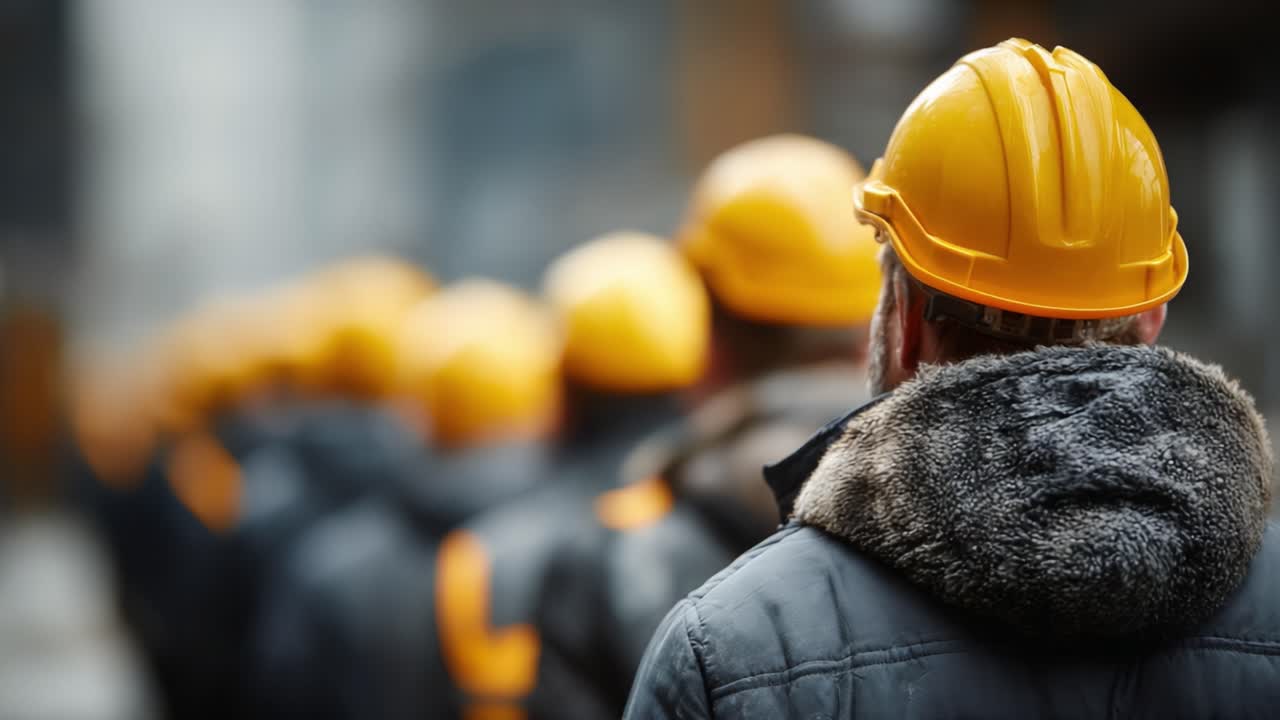 Line of Workers in Yellow Hard Hats Observing Site Safety Guidelines while Preparing for Construction Activities in a Busy Urban Environment, Focusing on Teamwork and Compliance