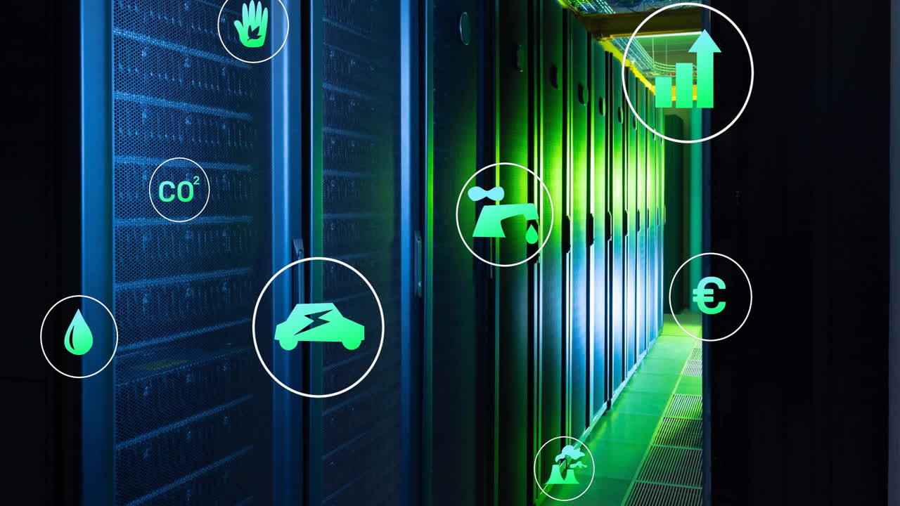 animación de iconos ecológicos y procesamiento de datos a través de servidores informáticos.