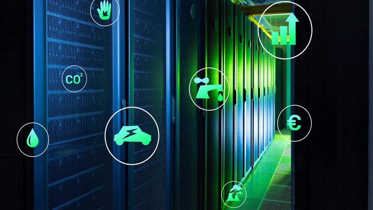 Animation of eco icons and data processing over computer servers