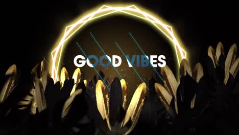 Animation-Von-Good-Vibes-Text-Und-Neonkreisen-über-Blättern-Auf-Schwarzem-Hintergrund