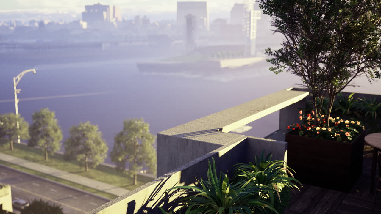Urban balcony with plants and view of a river at sunrise