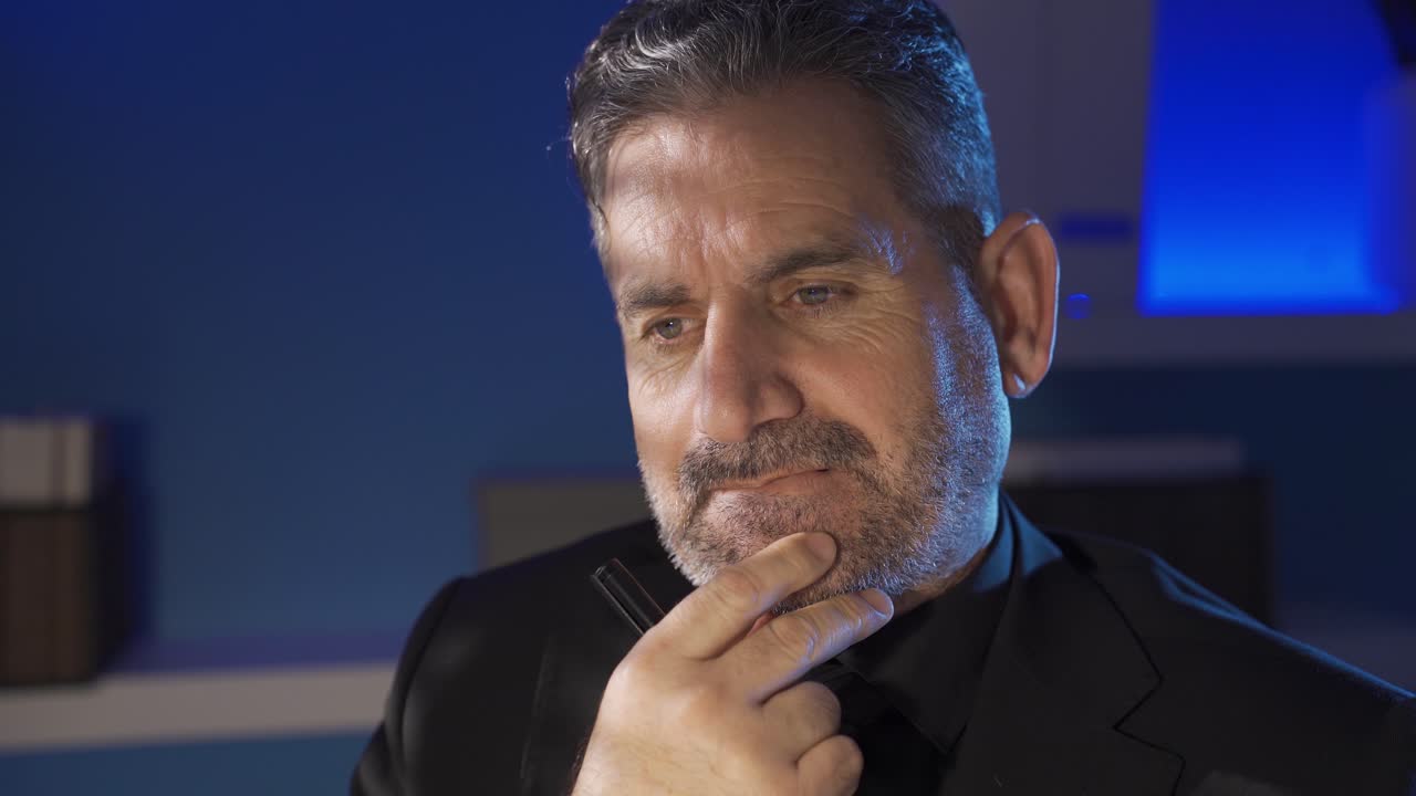 hombre de negocios maduro y reflexivo tratando de tomar una decisión, pensativo y confundido.