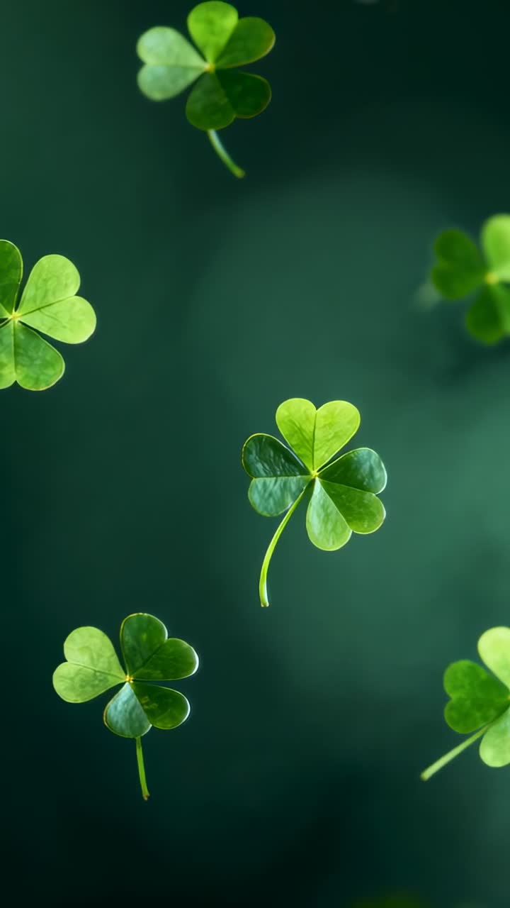 Vertical video: Floating four-leaf clover leaves drifting in macro across frames, creating overlaps