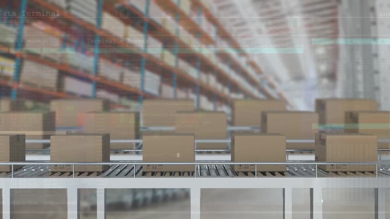 animación del procesamiento de datos sobre cajas en cintas transportadoras en el almacén