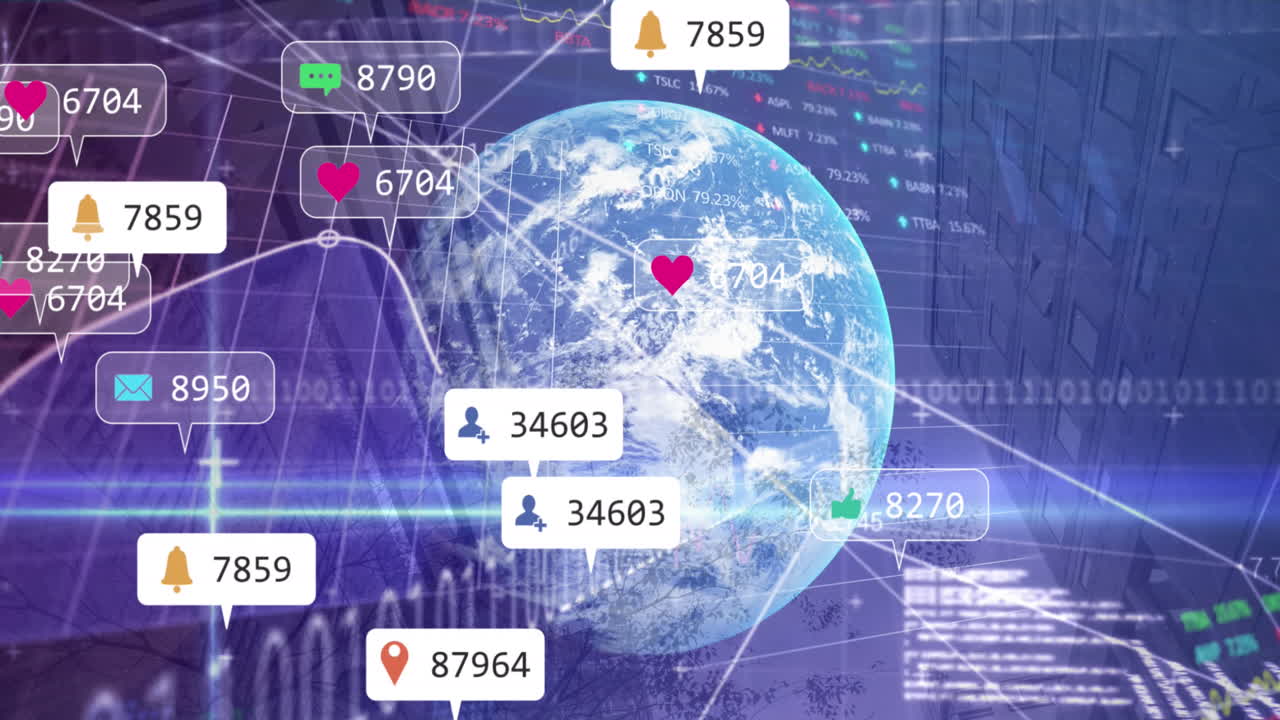 미디어 아이콘의 애니메이션과 도시 풍경과 지구상에서 데이터 처리