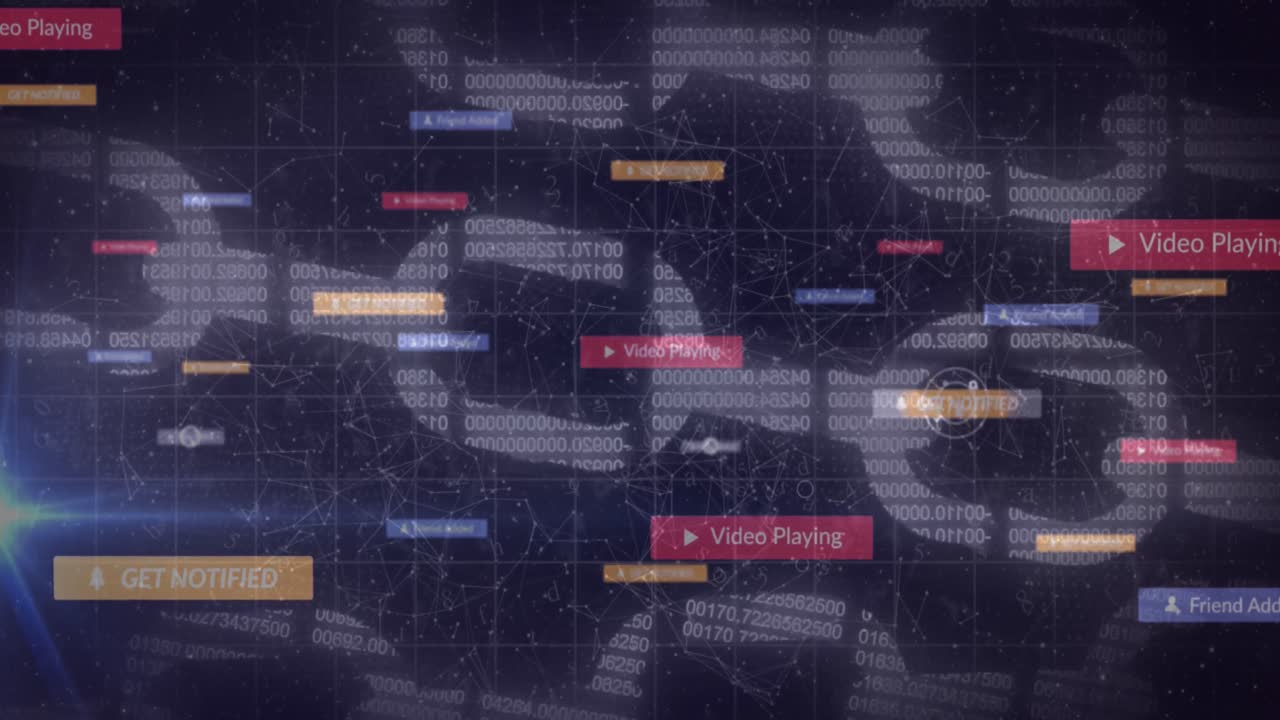 Animation of social media icons on banners over online security chains