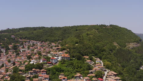 panoramic flight over veliko tarnovo historic city built on steep sided hills