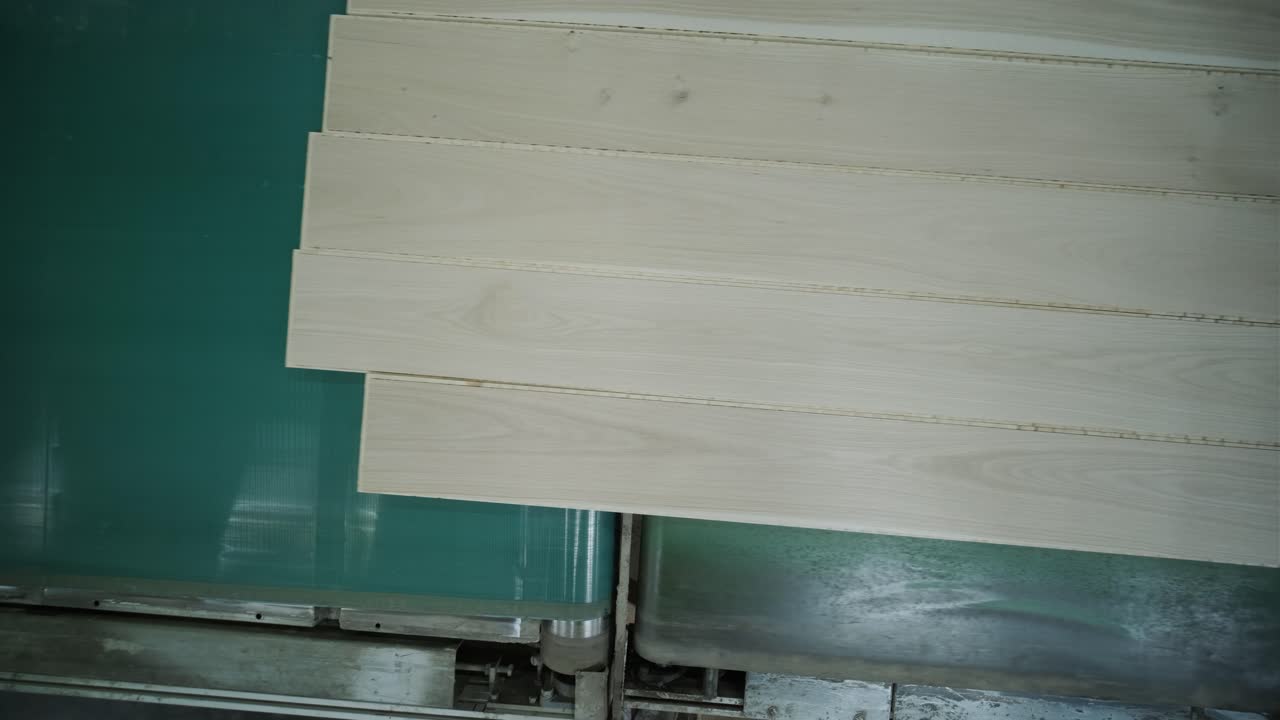 Planche di legno che si muovono su un nastro trasportatore in una fabbrica
