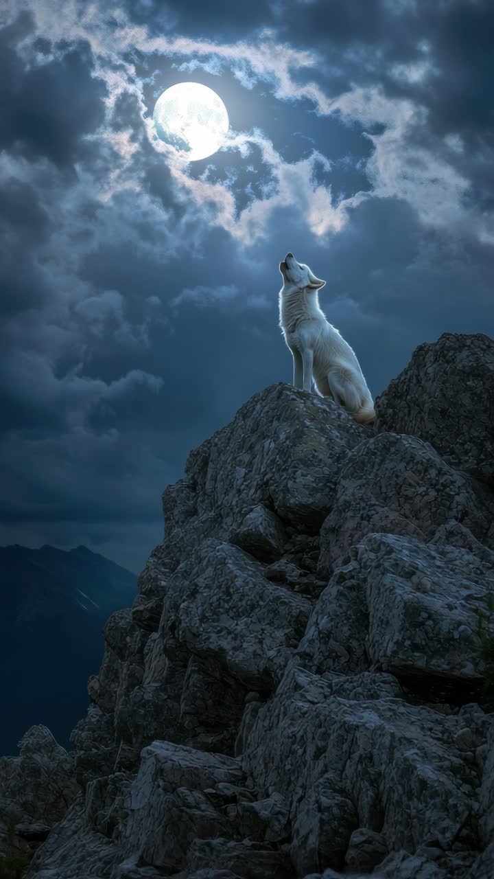 A dramatic, low-angle shot of a wolf howling at the moon atop rocky cliffs, creating a cinematic