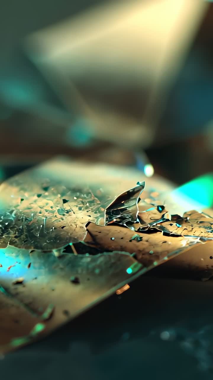 Vertical video: Drop falling toward brown leaf on glass, aiming tip and moving debris in teal glow