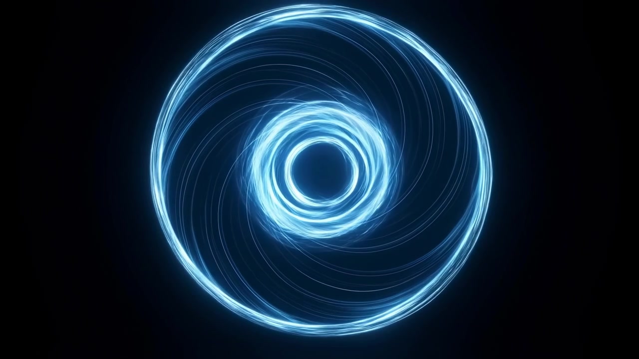 Glowing Blue Energy Vortex In Void, Swirling Ring Of Neon Light Rotates Like Portal Opening Above Quantum