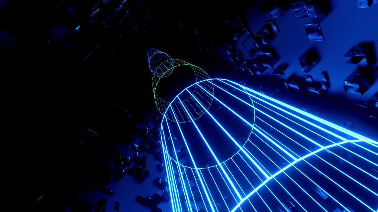 Flashes neon lights. Hi-tech neon sci-fi tunel. Trendy neon glow lines form pattern and construction in mirror tunnel. Fly through technology cyberspace. 3d almost looped 4k bright youth background.