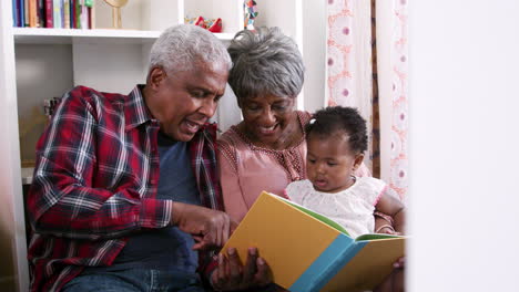 grandparents sitting on sofa reading book with baby granddaughter at home