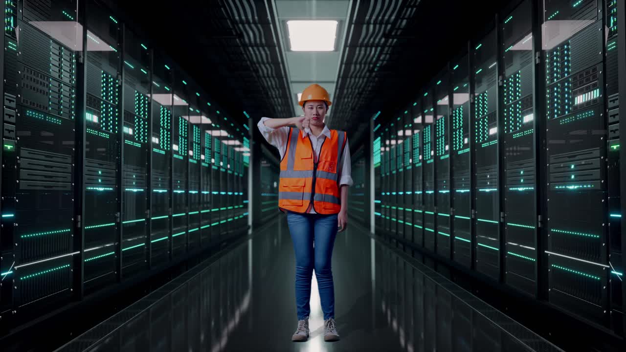 Full Body Of Asian Female Engineer With Safety Helmet Showing Thumbs Down Gesture And Shaking Her Head While Standing in Server Room Data Center