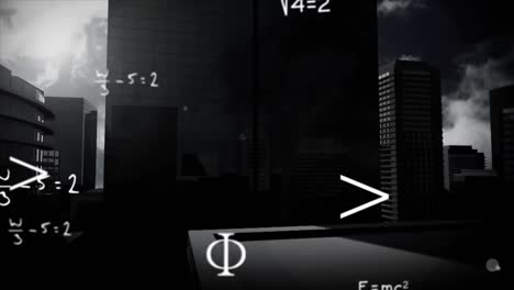 animation of mathematical equations over cityscape