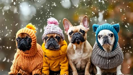 four pug dogs wearing winter clothes