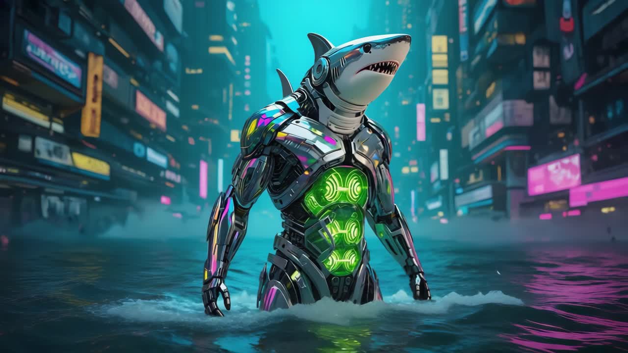 Cyborg Shark in a Futuristic City