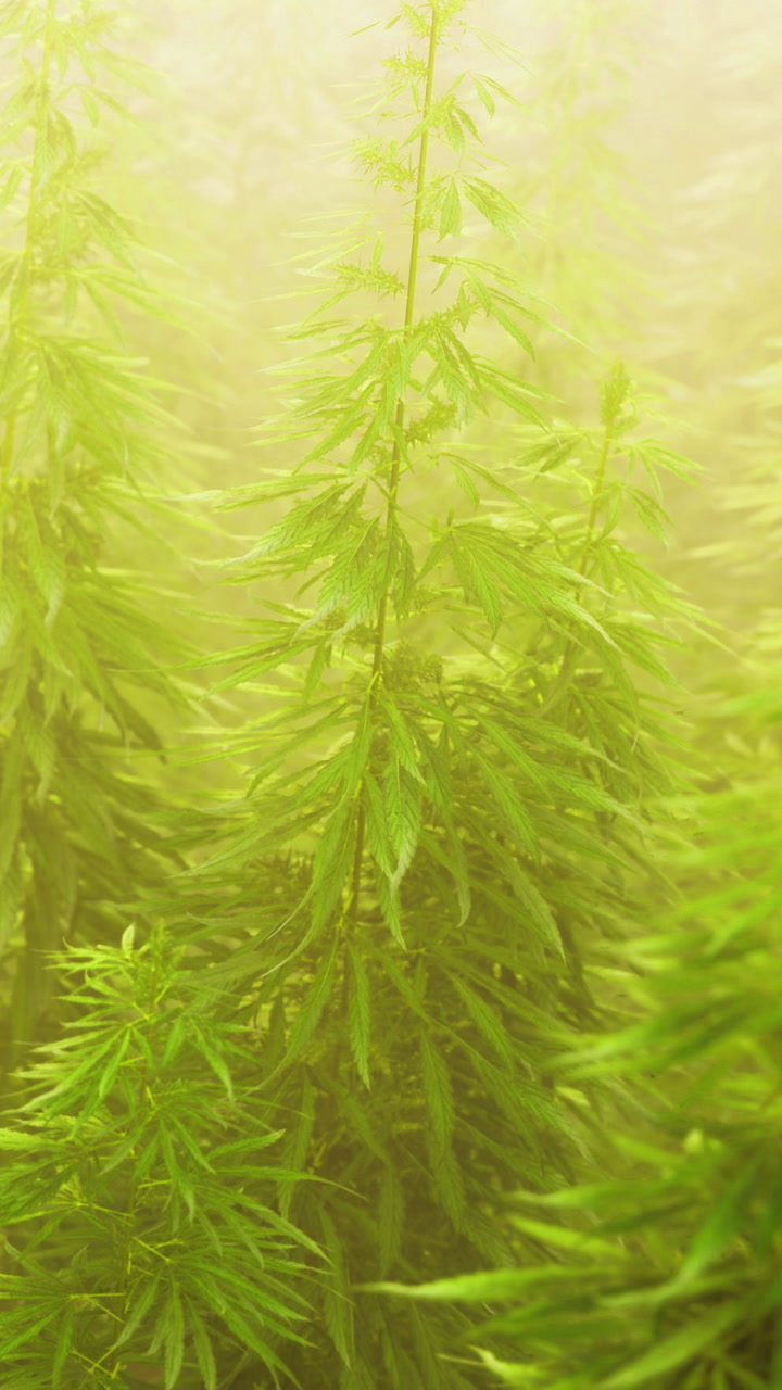 Lush green foliage sways gently in the misty morning light of a serene forest