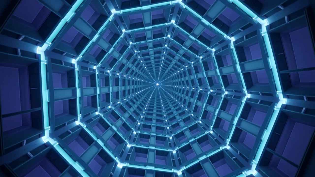 Gliding geometric tunnel after initial push, rotating in CGI conduit with cyan neon rings pulsing
