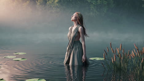 woman in a flowing dress by a misty lake