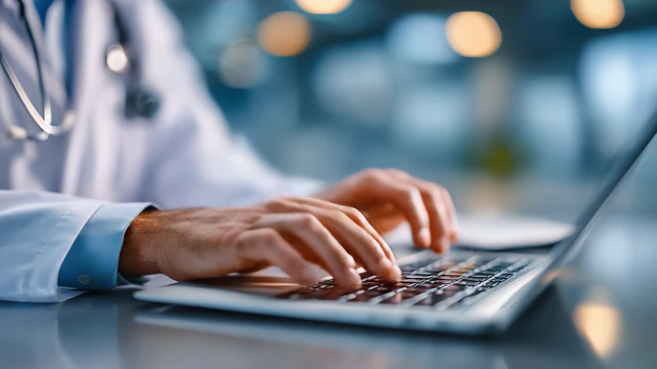 Focused Healthcare Professional Engaged in Digital Tasking, Typing on Laptop with Emphasis on Precision and Technology in Modern Medical Environment