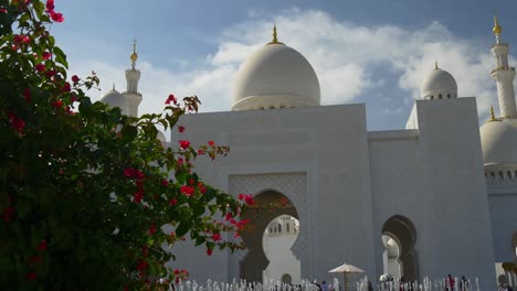 sunny day abu dhabi grand mosque front entrance flowers fountain panorama 4k united arab emirates