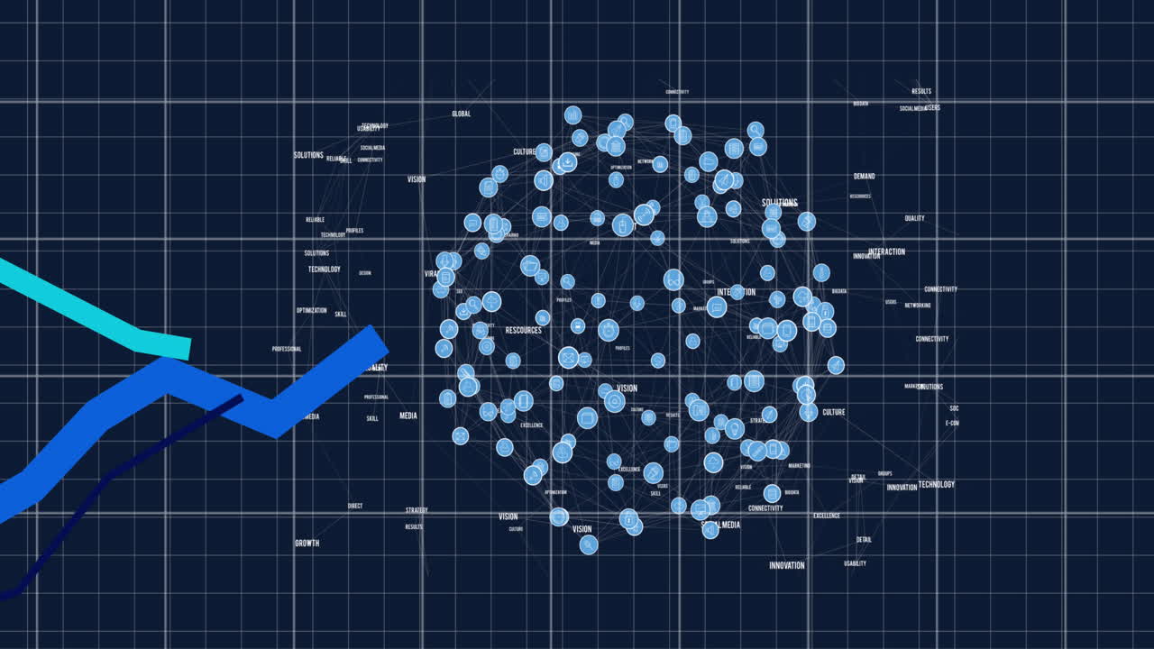글로벌을 형성하는 디지털 아이콘 위에 파란색 선으로 금융 데이터 처리의 애니메이션