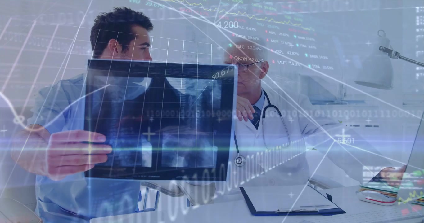 Junior Dr holding, rotating chest Xray during diagnosis senior Dr leaning, digital overlays pulsing