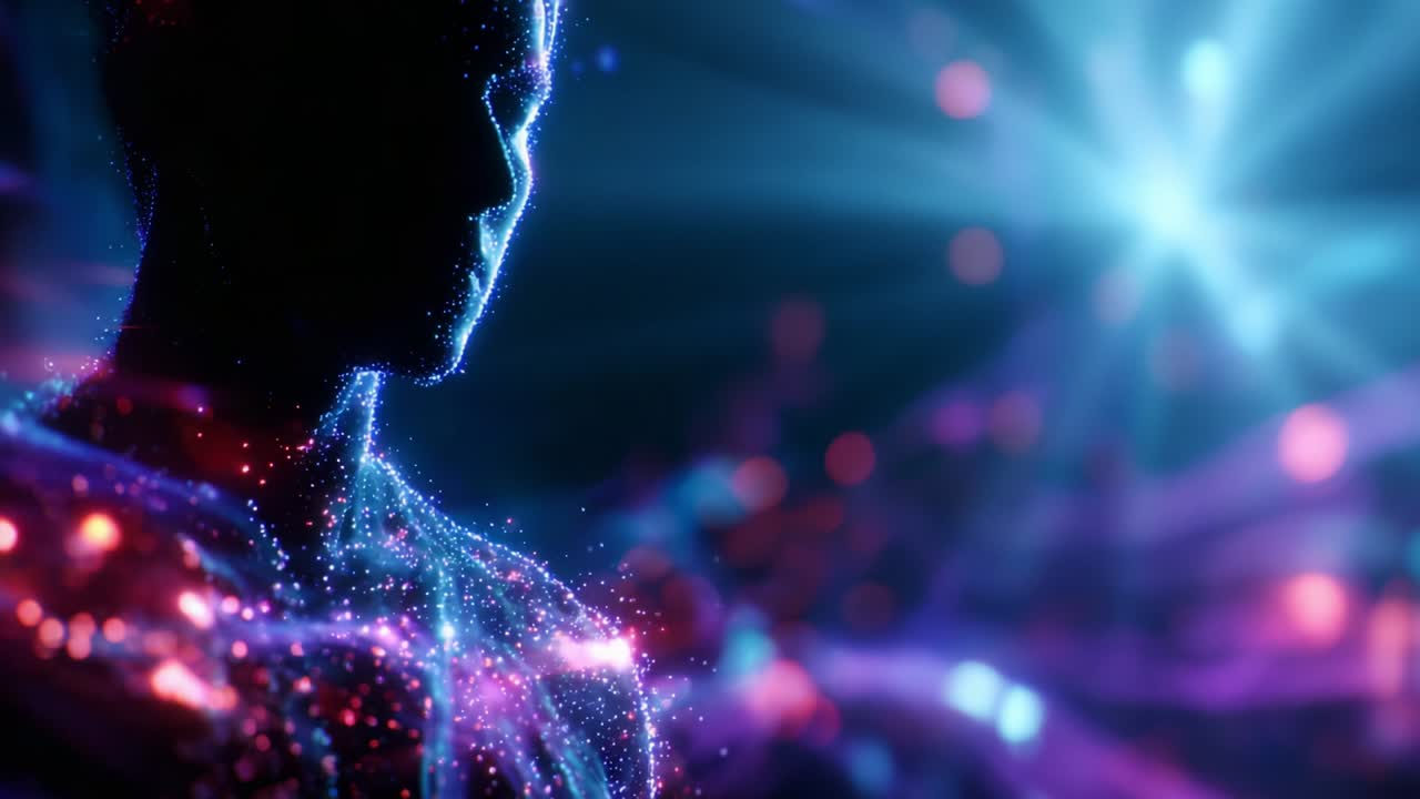 A surreal and captivating depiction of a glowing human silhouette, radiating energy and light in a vibrant celestial environment, symbolizing the fusion of technology and human essence in a mesmerizing visual journey