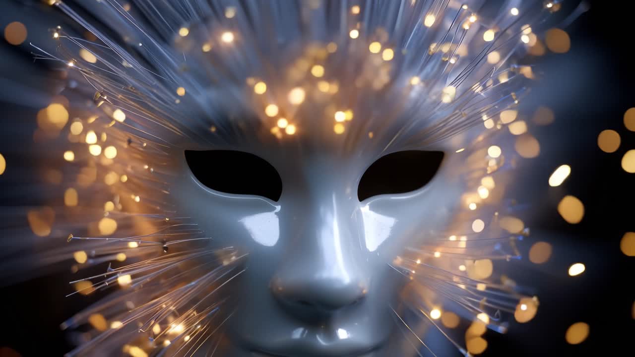 Elegant mask glows with fiber optics against dark background. Golden sparks radiate from mask's edges, glowing softly. Fibers pulse like living light, enhancing mask's mysterious aura